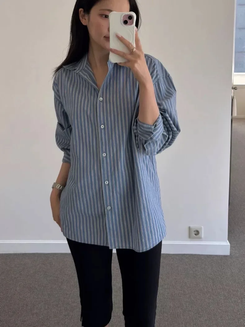 

East Gate винтажный свободный длинный женский топ в полоску с классическим воротником на одной пуговице, универсальный хлопковый топ в гонконгском стиле