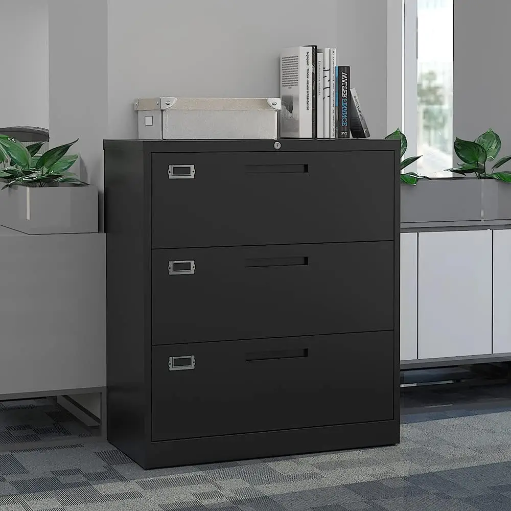 3 Drawer Metal Lateral File Cabinet With Lock, Steel Office Filing Cabinet For Legal/Letter A4 Size, Wide File Cabinet For