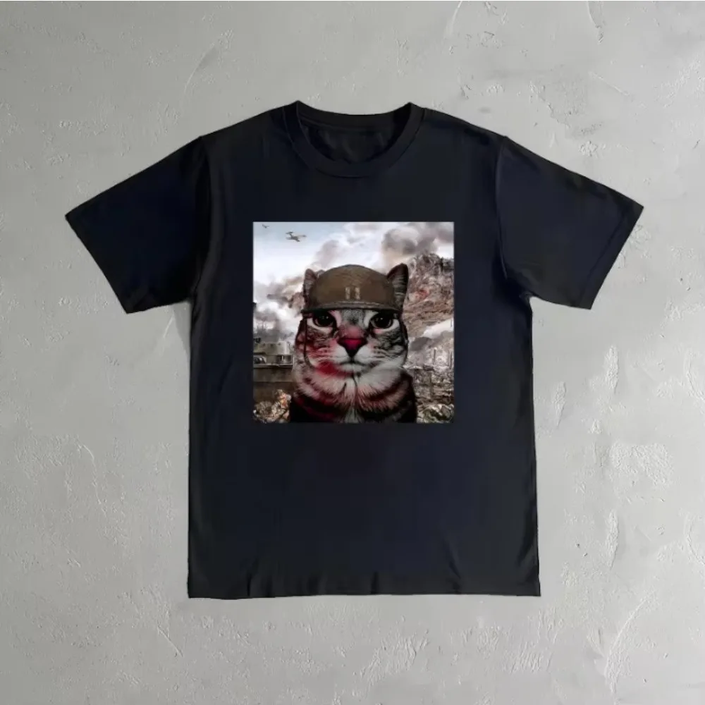 Vintage Military Cat Meme Short Sleeves T-Shirt Cool Aesthetic Soldier Cat Funny Gift Trendy Casual Streetwear Graphic Tee Tops