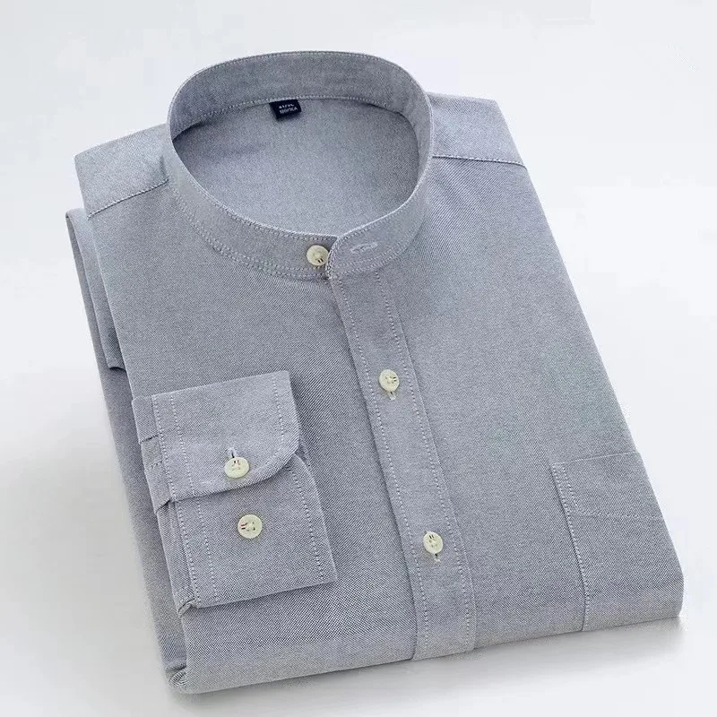 Men\'s Oxford Shirt 100% Cotton Long Sleeve Casual Business Mandarin Collar Office Four Seasons Solid Military Green High Quality