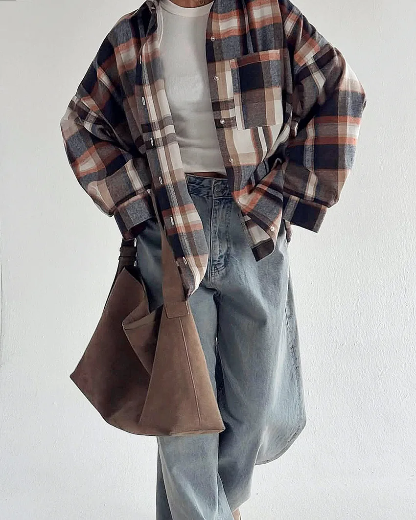 Y2K nieuwe herfst winter vintage shirt zak losse revers lange mouwen dames geruite shirt vrouwelijke mode casual streetwear blouse