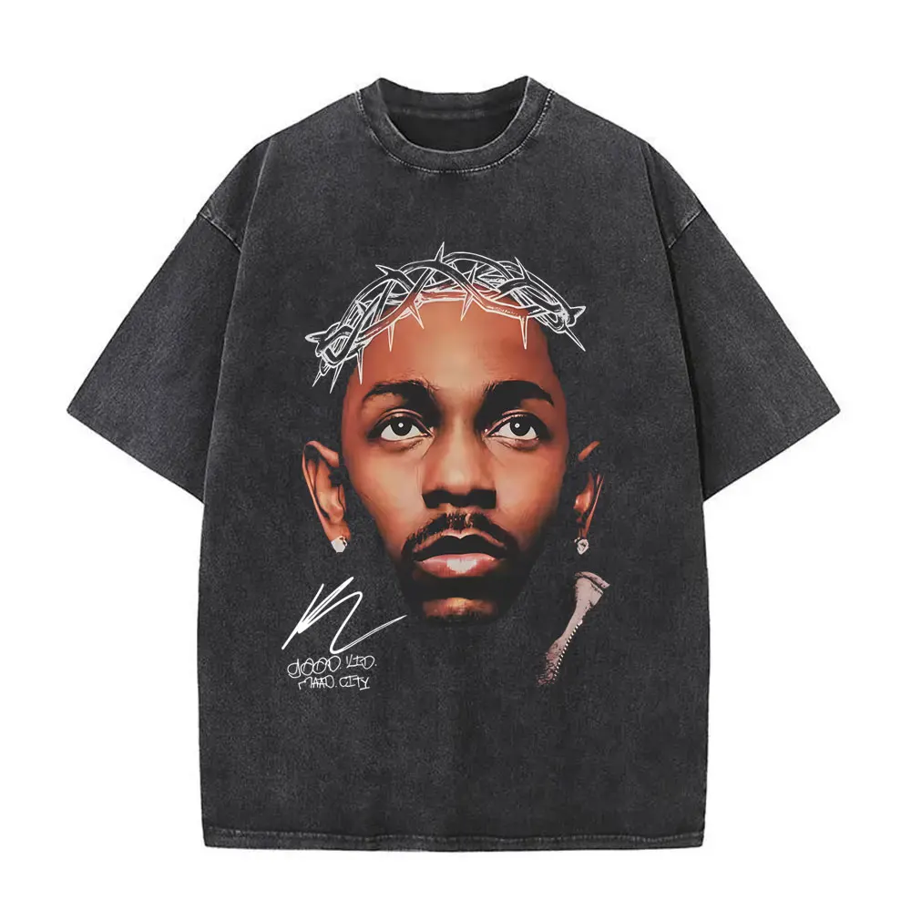 

Washed Vintage Rapper Kendrick Lamar Good Kid Face Graphic T-shirt Men Women Hip Hop Retro Oversized T Shirts Men's Streetwear