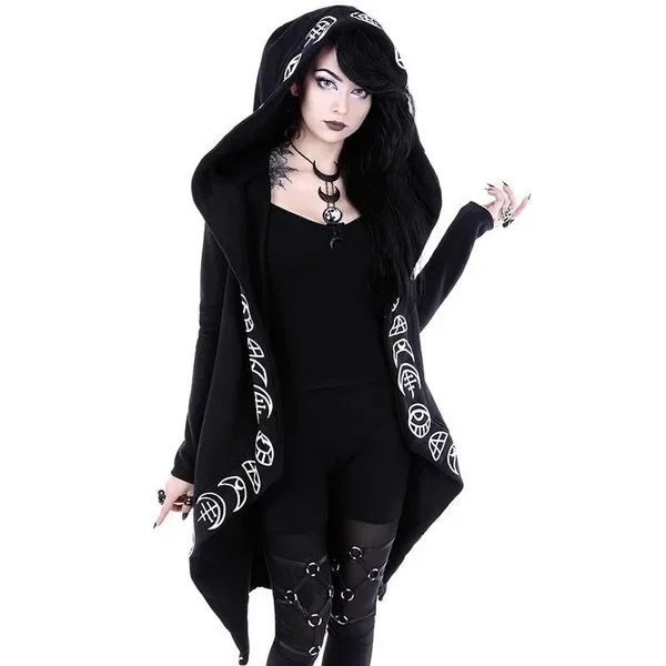 Dark Wind Gothic Long Sleeve Black Printing Hooded Sweater Street Style Harajuku Vintage Tops Women\'s Top In Autumn Winter 2022