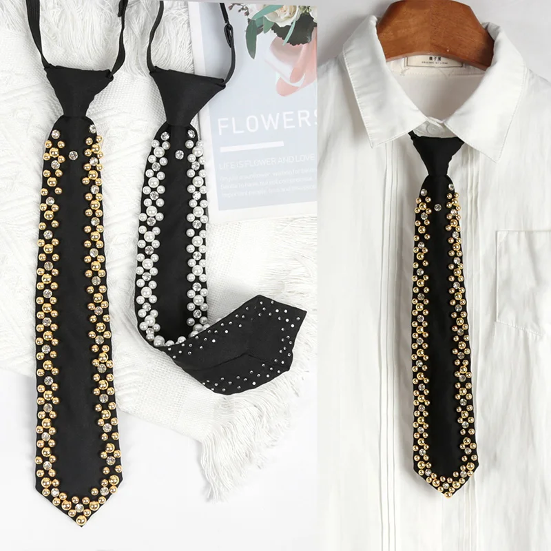 Luxurious Women Popular Shining Pearl Black Tie Trend Style Girls Temperament Clothing Handmade Beaded Necktie  Punk Accessories