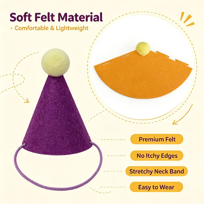 6/12Pcs Felt Mini Pet Party Hats  Lightweight SturdyColorful Cone Hat For Dog Cat Rabbit Animal Birthdays and Parties Decor PDM8