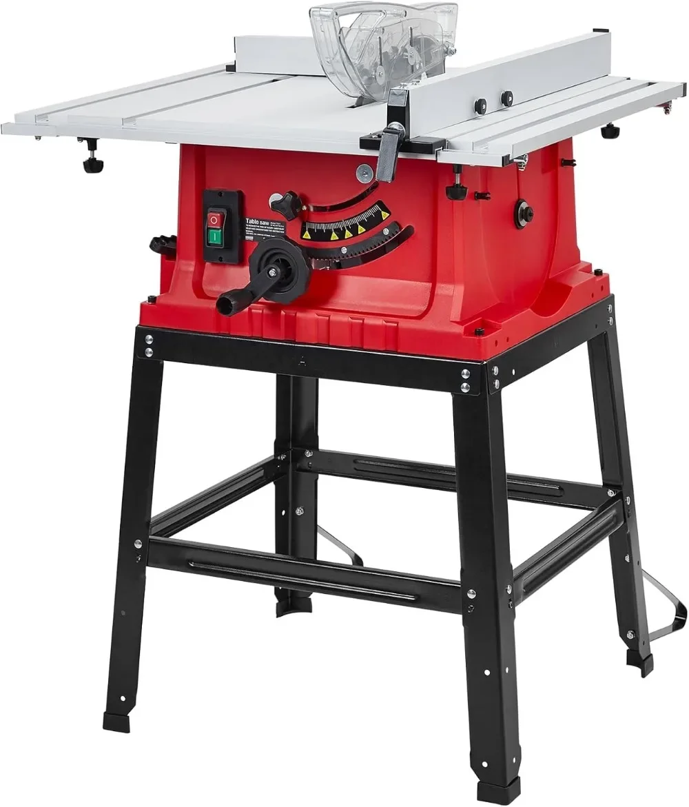 Table Saw 10 Inch, 15A Multifunctional Saw with Stand & Push Stick, 90° Cross Cut & 0-45° Bevel Cut, 5000RPM