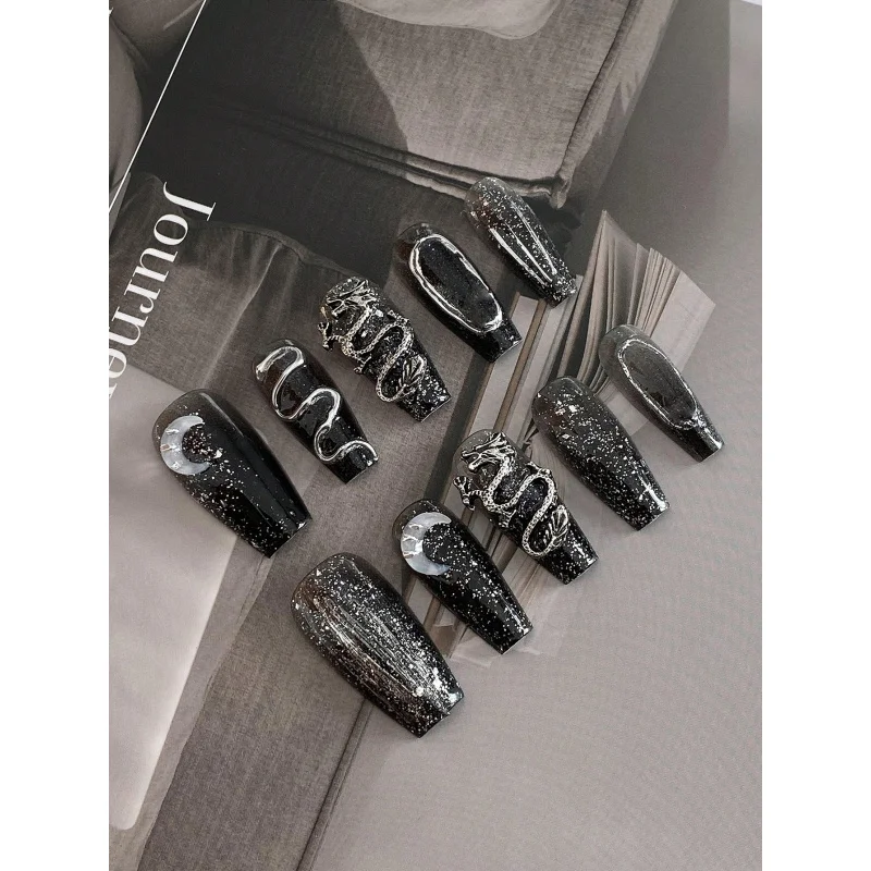 10 uñas postizas ataúd con serie de dragón oscuro, lentejuelas y brillantina fina 2