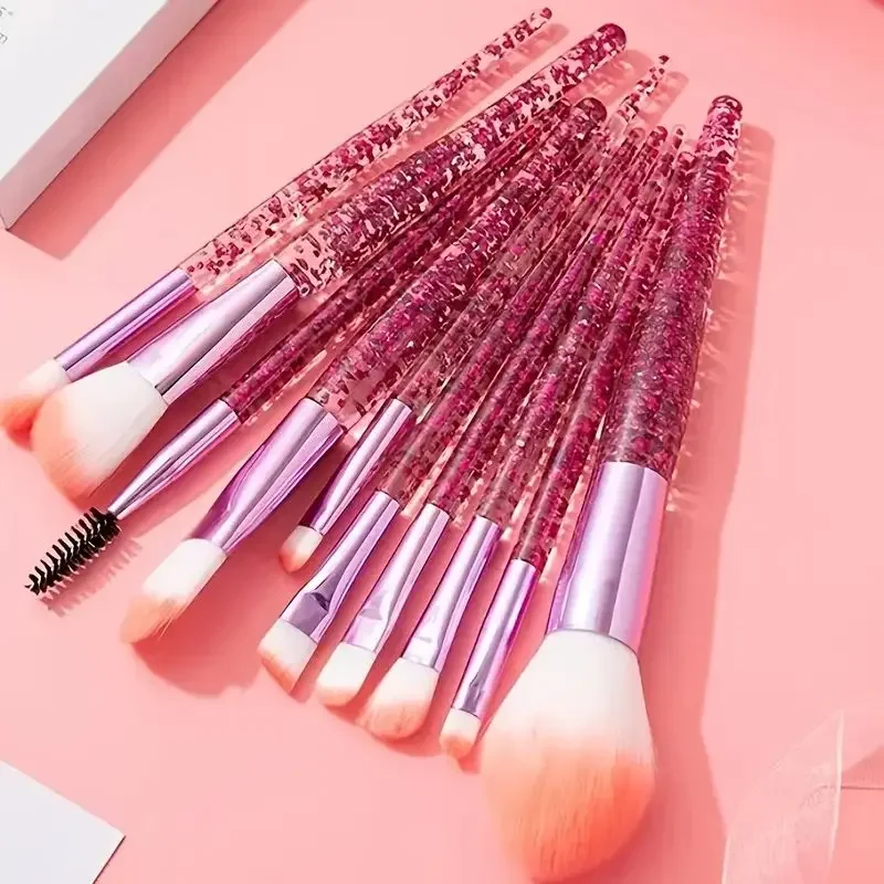 Conjunto de pincéis de maquiagem com alça de glitter elegante, 10 peças, mistura facial profissional, blush, sombra, delineador, pincéis cosméticos labiais