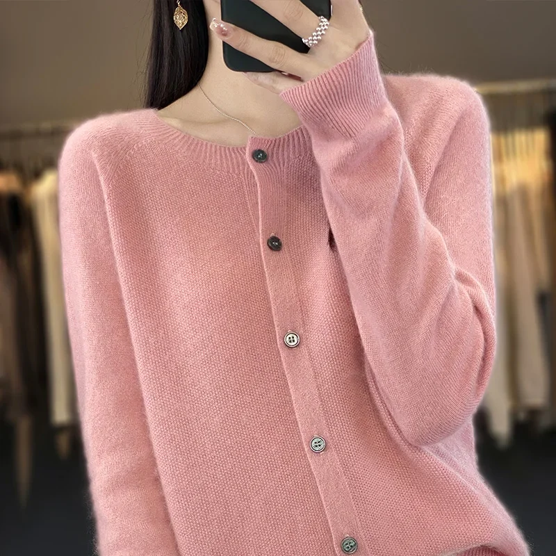 100% lã pura cardigan primavera e outono novo suéter de caxemira feminino o-pescoço cardigan quente malha camisa de fundo