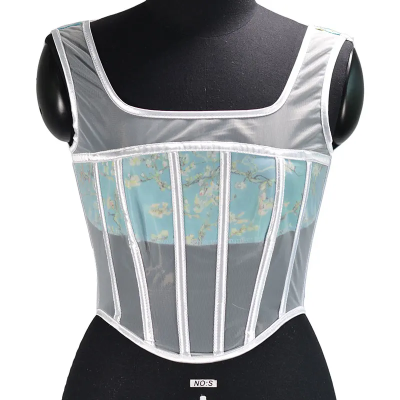 

Shoulder Strap Corset Back Lace Sky Blue Sexy Summer Casual Vests Patchwork Chic And Elegant Bustier Top For Wholesales