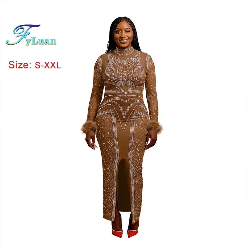 Long Sleeve Gown Women‘s Long Dress Round Neck Hot Diamond Bodycon Dress Hem Split Slim Maxi Dress Lady Elegant Evening Clothes