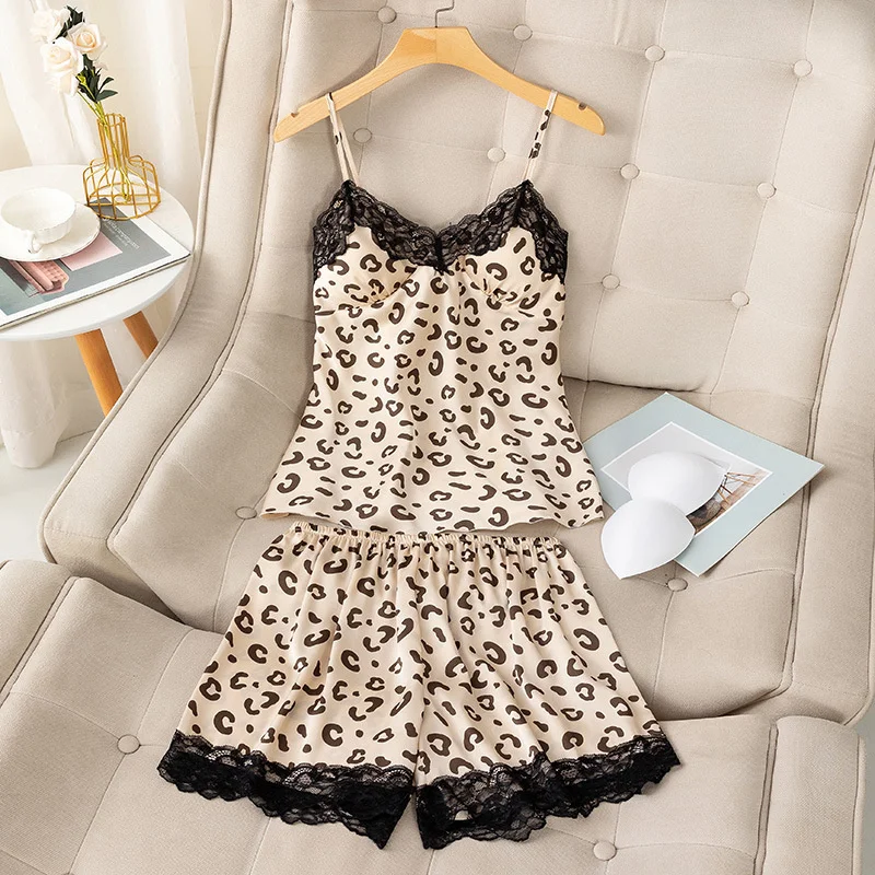 Lisacmvpnel Leopard Print Fashion Women Pajamas Lace Sexy With Chest Pad Sling Shorts Suit Sleepwear