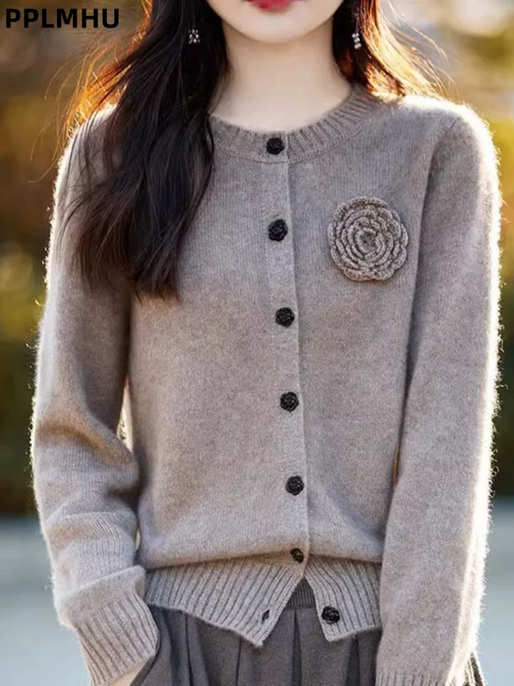 

Flower Knitted Cardigan Long Sleeves Women's Casual Loose Knitwear Sweater Coat Fashion Fall Winter Baggy O-Neck Gilet Top