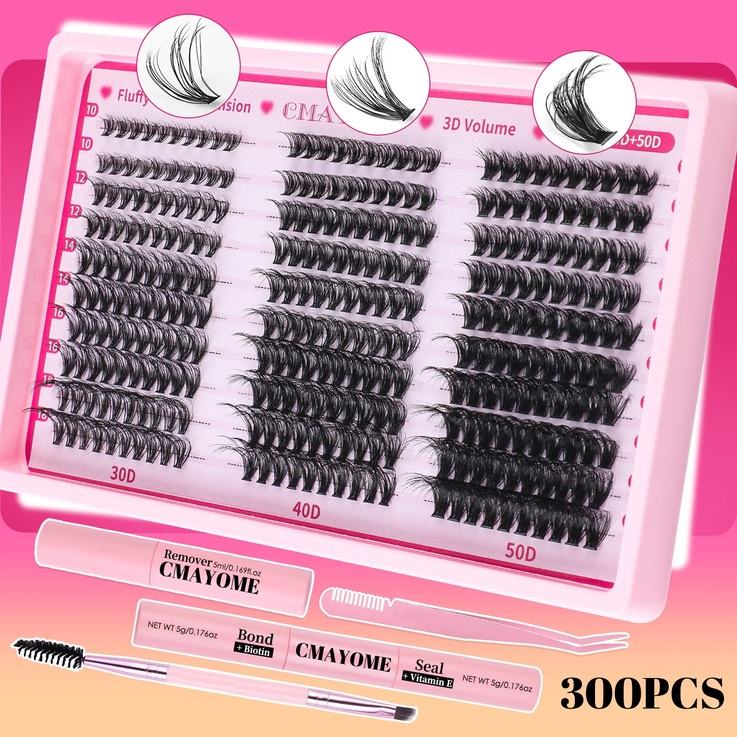 300 PCS  Fluffy DIY Lashes Extension Kit Natural  Eyelashes Clusters Lash Set  With Bond and seal