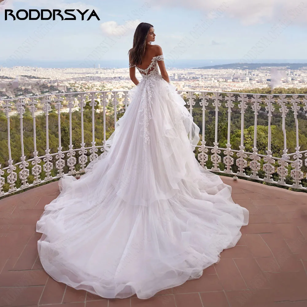 Roddrsya elegante encaje aplicación vestido de novia de palabra a 2024 cRODDRSYA-vestido De Novia elegante con apliques De encaje, traje De boda con hombros descubiertos acampanado, escote Corazón, botones, playa, 2024