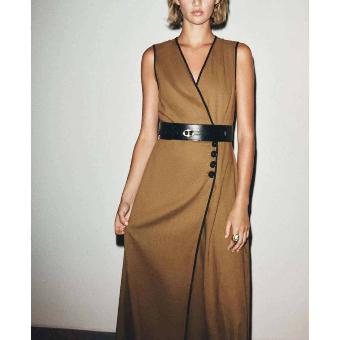 Herfst Dames Midi Dr Kleur Blo V-ne Svel Linnenmix Tailleriem Casual Sle X-vormige polyestervezel