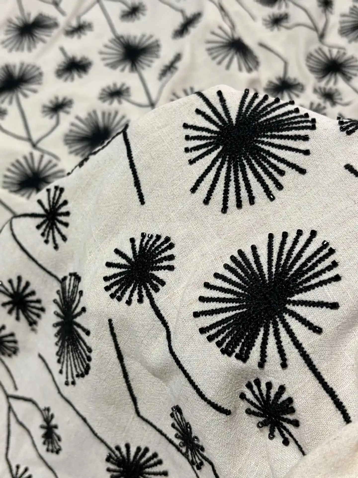 

Heavy-duty black bead tube embroidered on linen fabric for vests, jackets, men's and women's clothing embroidery fabric