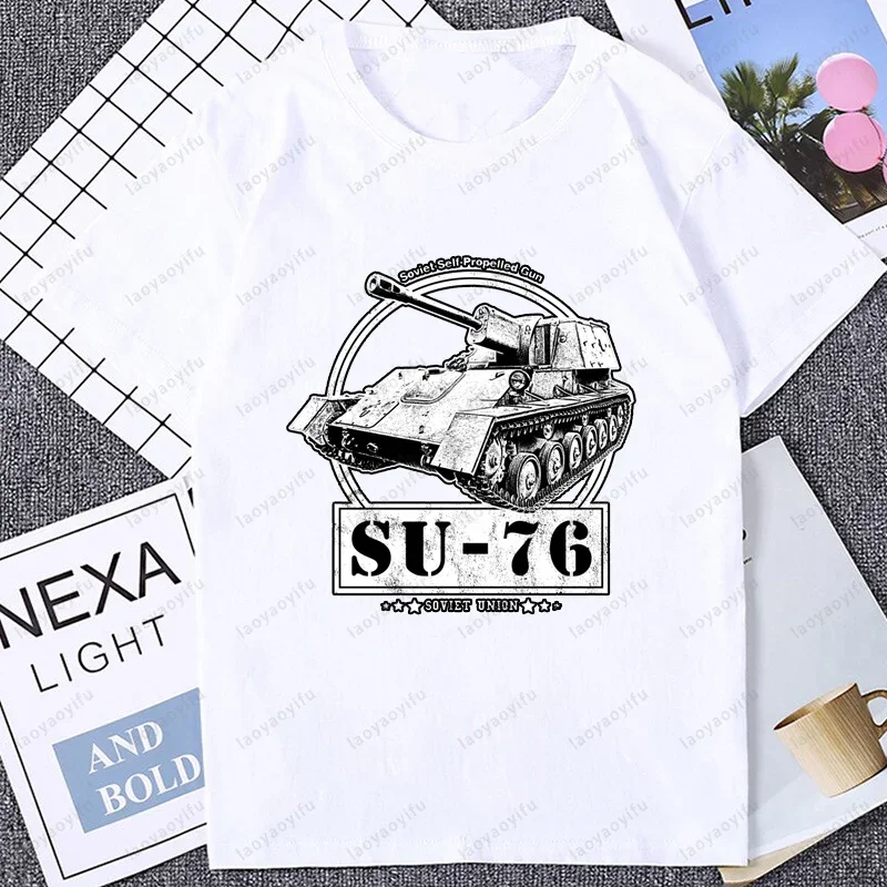 Vintage The Soviet Union Tank SU-76 World War 2 Graphic Tshirt Casual Harajuku Short Sleeve Military Fan T Shirt Cotton Tees