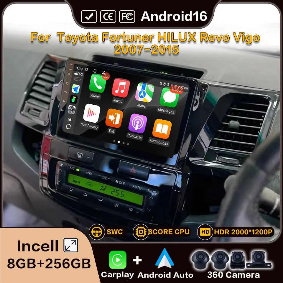 Android16 For Toyota Fortuner Hilux Revo Vigo 2004 -2007 2008 2009 2010-2015 Automotive Bluetooth Car Radios Android Auto Video