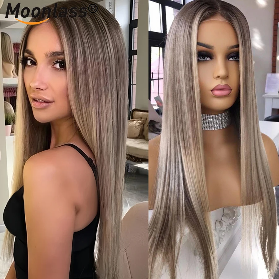 

Highlight Ash Blonde Straight Human Hair Wigs 180% Density Preplucked Brazilian Remy Hair Wigs 13x6 Transparent Lace Front Wigs