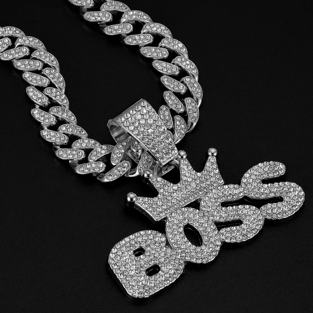  Cool Letter Boss Pendant Necklace for Men Iced Out Cuban Chain Necklace Fashion Bling Punk Jewelry Cuban Necklaces Gifts