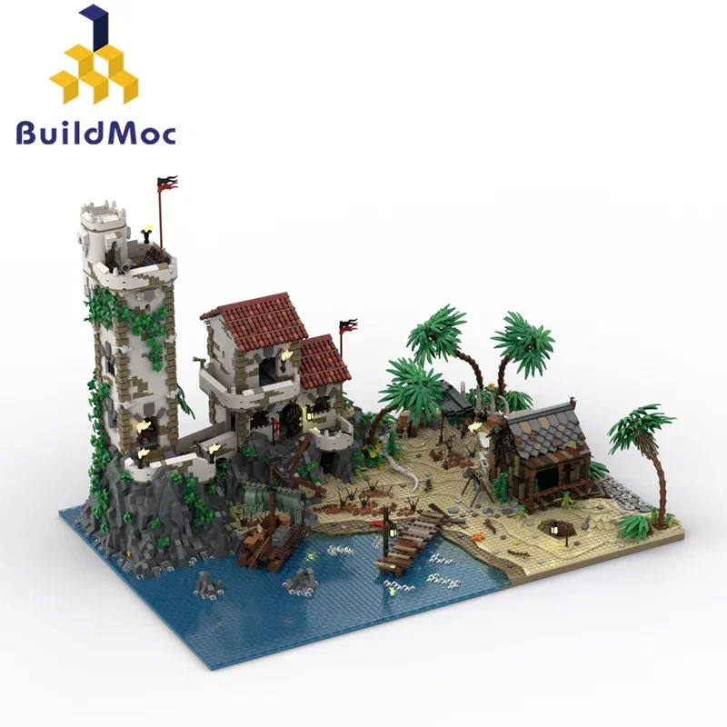 

BuildMoc Pirates of Barracuda Bay Port Sauvage The Cursed Beach Building Blocks Set 21322 Island House Bricks Toys Children Gift