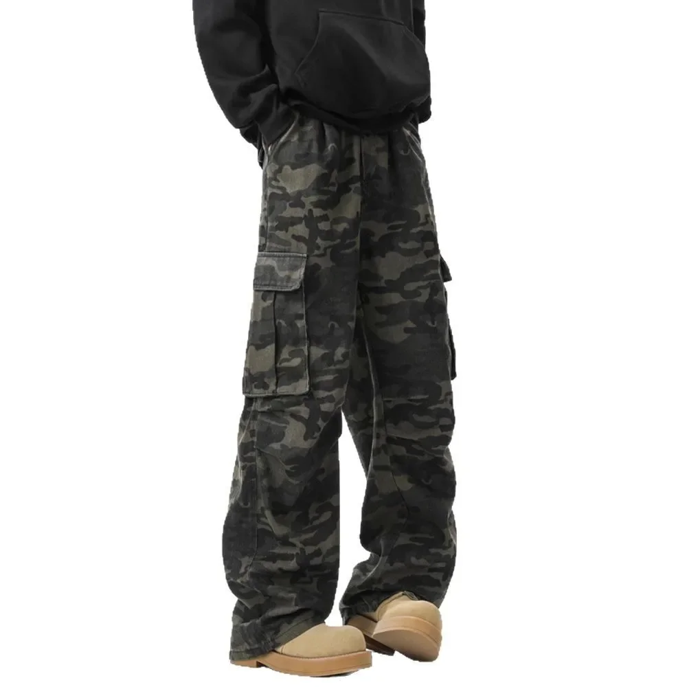 2025 사계절 아메리칸 스타일 남성용 카모플라주 캐주얼 트렌디 심플 베이직 루즈 와이드 레그 카고 바지 남성 팬츠 의류