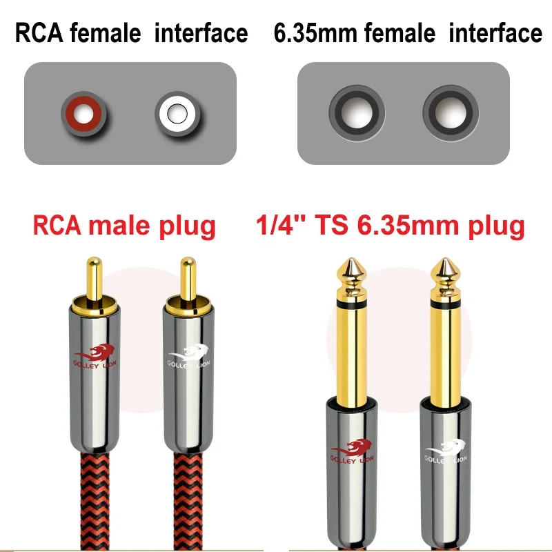 Hifi 2x RCA Male to Dual 1/4 inch TS Mono Male 6.35mm Jack Audio