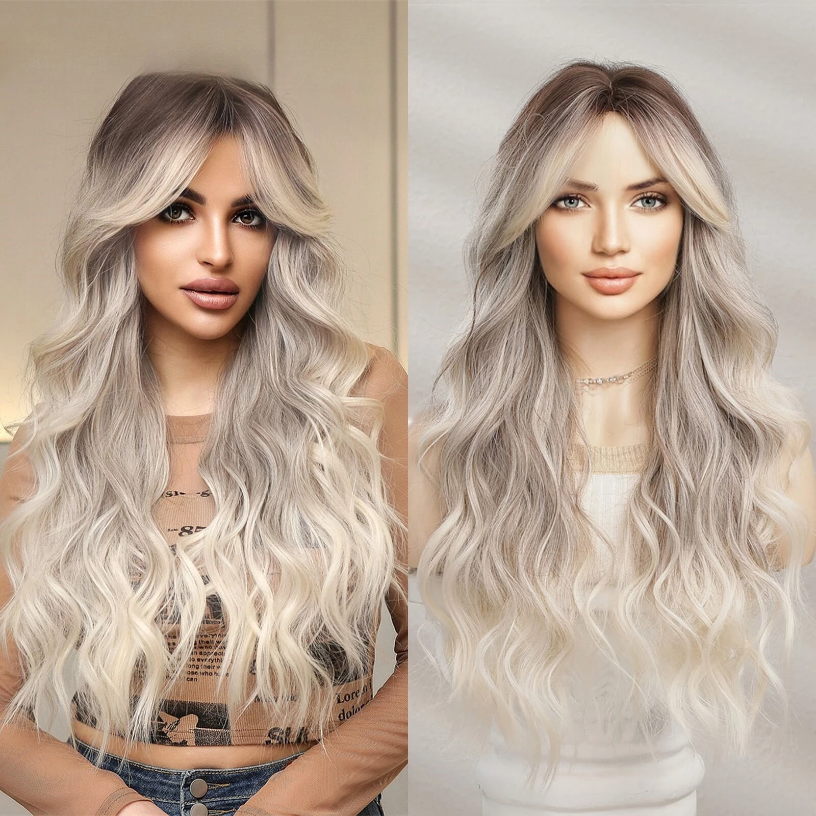 

European and American full head cover wig long curly hair eight-character bangs natural gold brown gradual change gray female wi