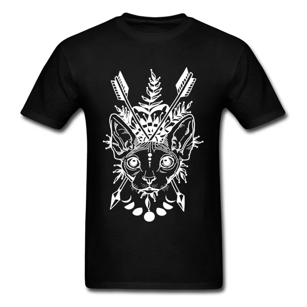 Awesome T Shirt Tribal Sphynx Canadian Hairless Cat Print Men Black T-shirt White Cartoon Patter Digital Print Unfading Tee