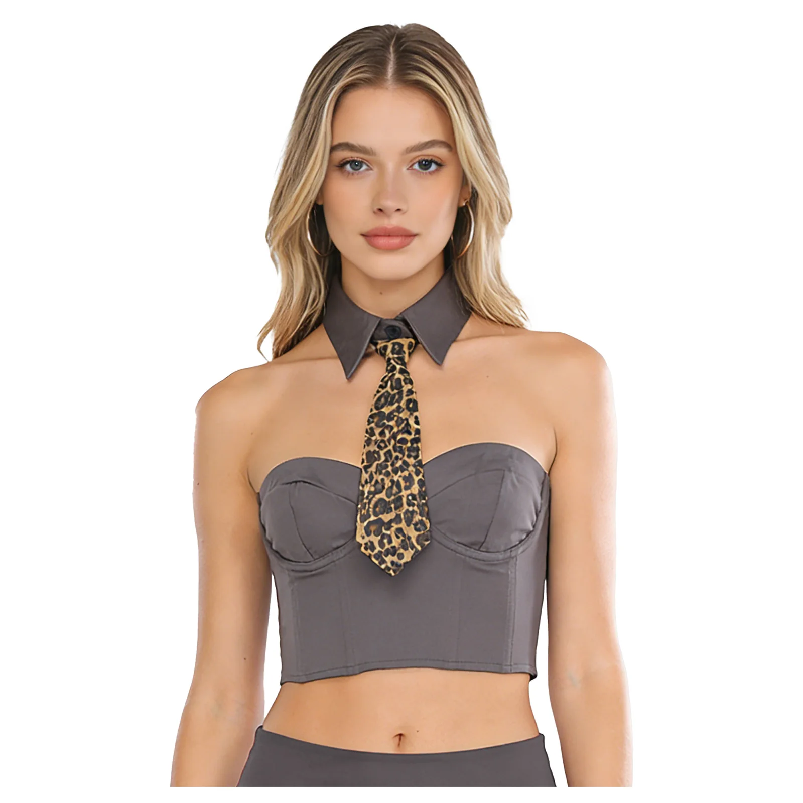 

Women Chic Strapless Bustiers Top with Necktie Set Raves Party Sexy Zip-up Push-up Cropped Corset Vest for Club Music Festivals