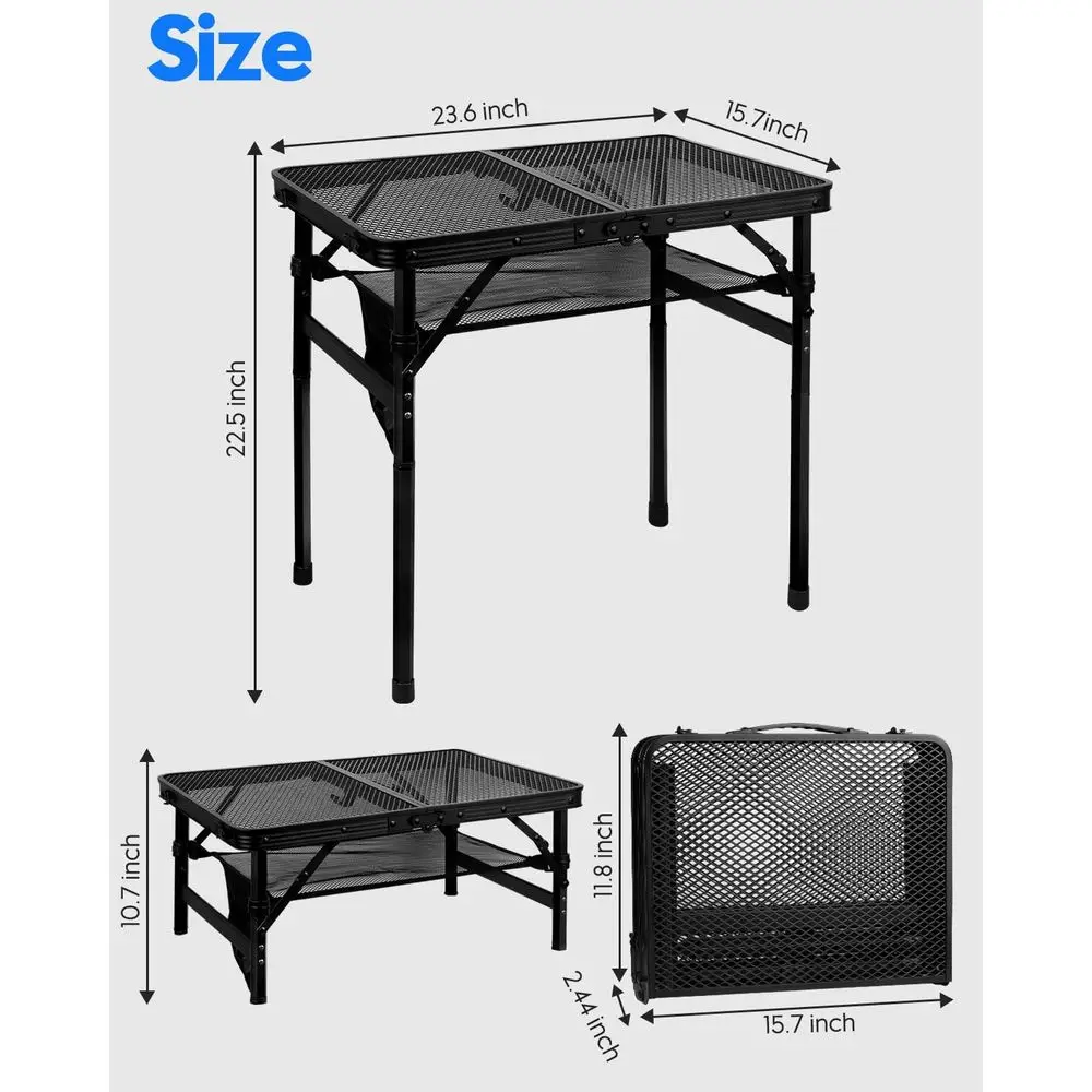 Height Adjustable Grill Table with Mesh Desktop and Bag, Portable for Outdoor Camping, Picnic, Patio, Dining, BBQ, Party, Black,