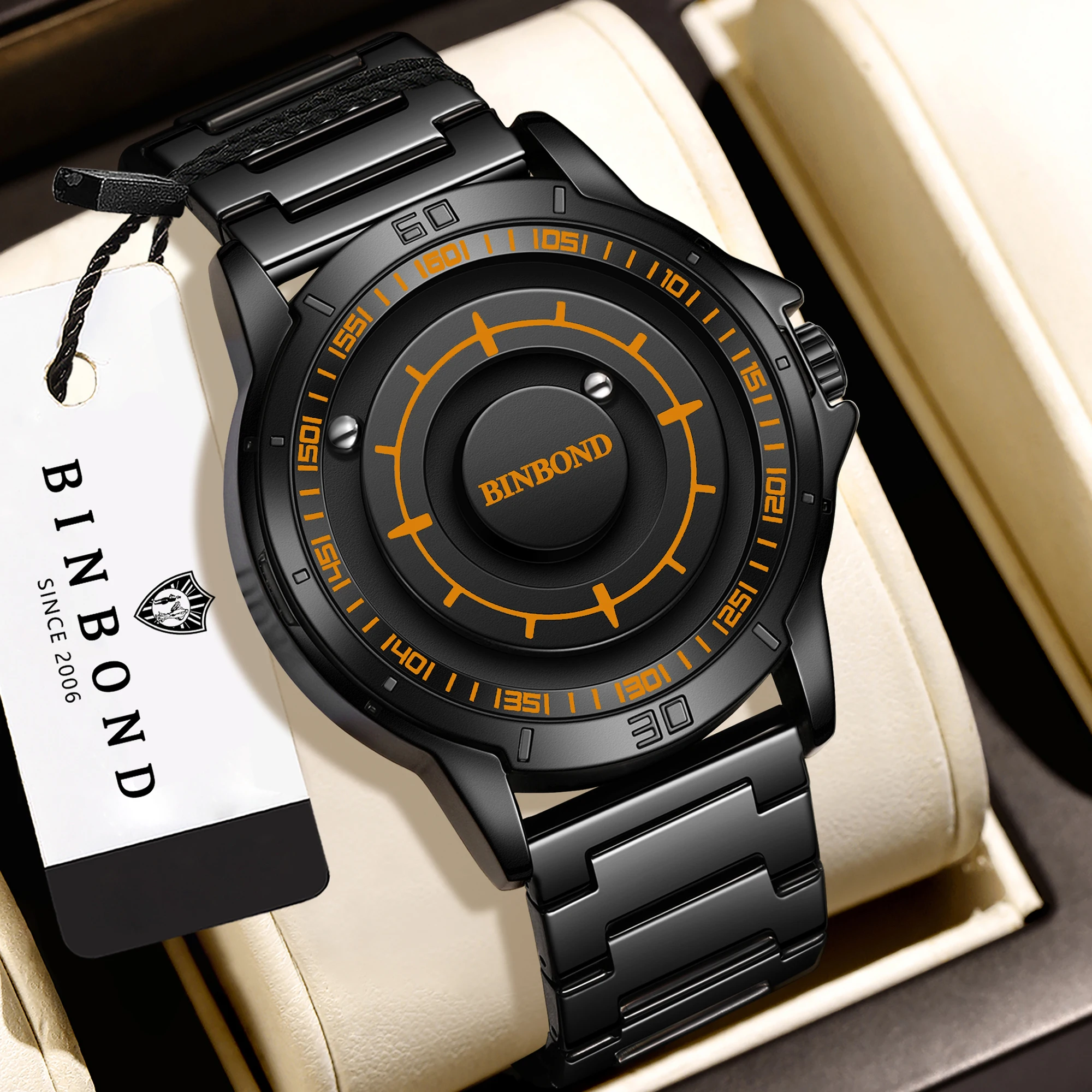 Relojes de pulsera de cuarzo con fuerza magnética originales BINBOND para hombre, reloj de hombre a prueba de agua, reloj de lujo de acero inoxidable para hombre.