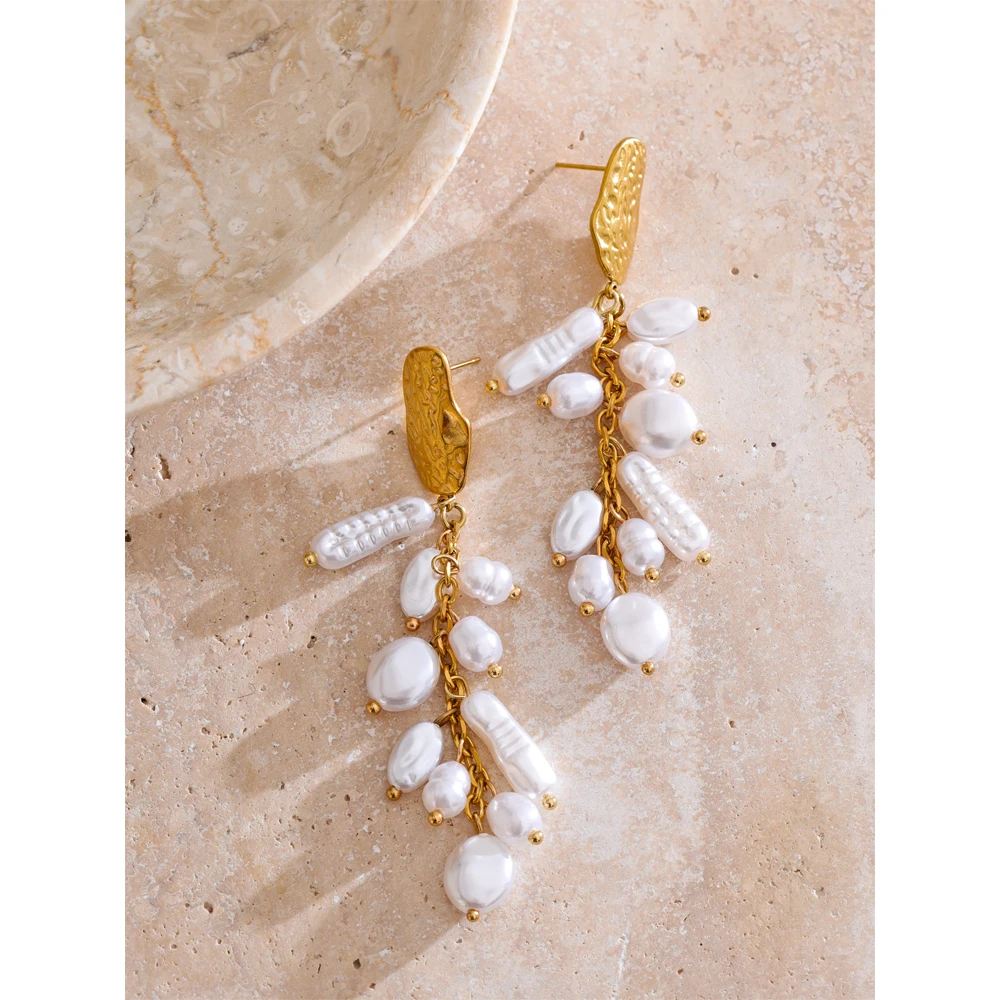 Yhpup الباروك مقلد اللؤلؤ شرابة سلسلة طويلة إسقاط أقراط الذهب اللون الفولاذ المقاوم للصدأ اليدوية الكورية اليومية مجوهرات النساء #6