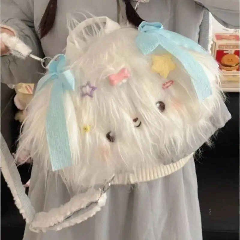 Bloom Sweet Cute Plush Lolita Handbag Women Bow Star Large Capacity Backpack Ladies Kawaii Long Hair Puppy Mochilas Mujer 2025
