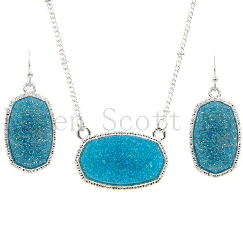 Oval Resin Druzy Drusy Pendant Necklace Hexagon Druse Charms Drop Earrings  Color Fashion Jewelry Set Gift