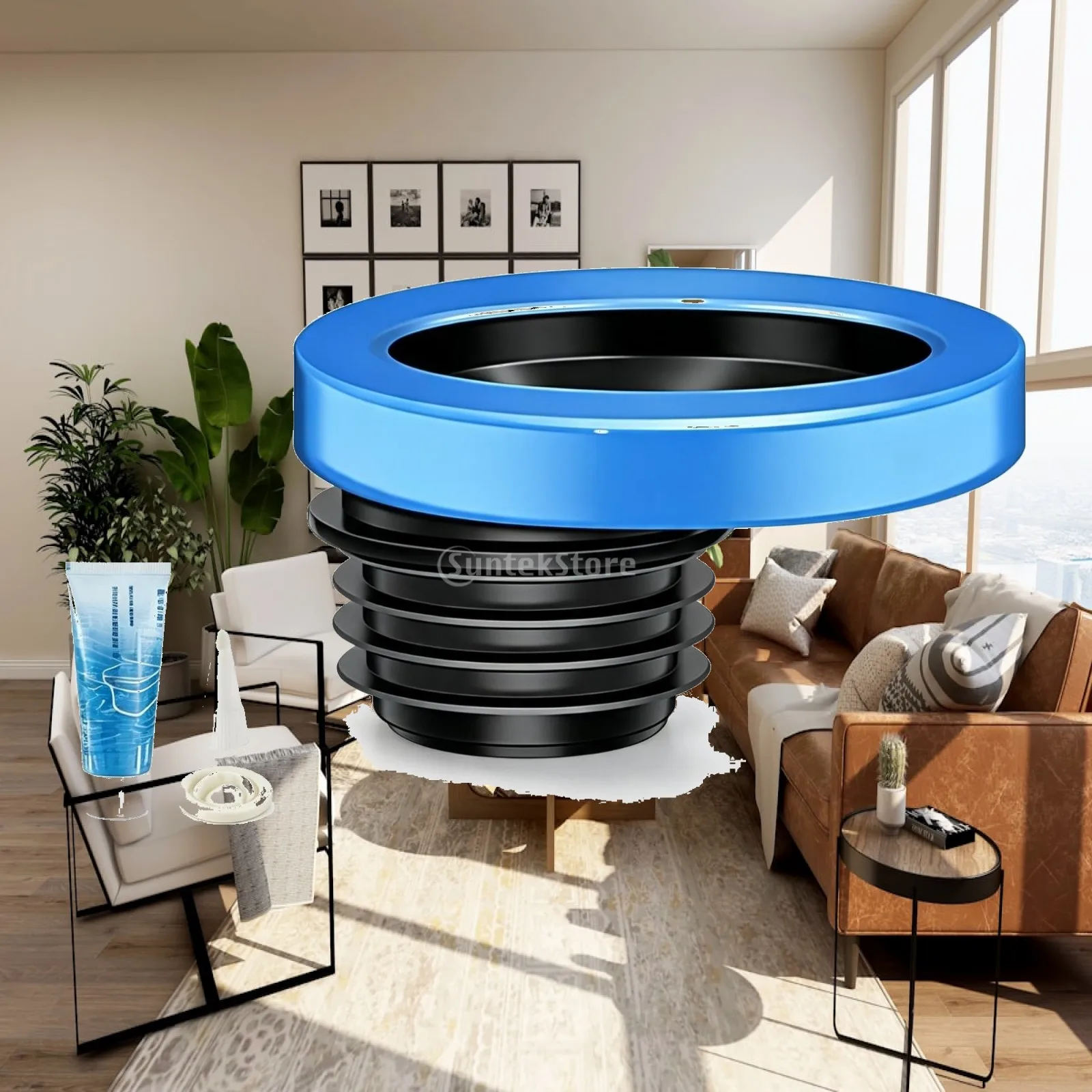 Toilet Flange Seal with 15cm Offset Black Ribbed Body Blue Gasket for Drain Alignment and Odor Prevention