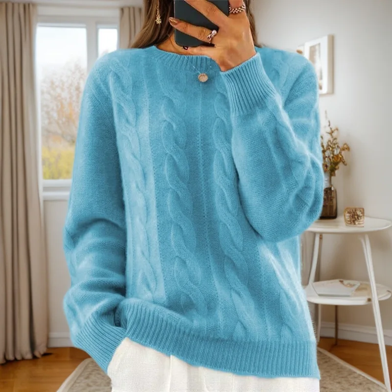 2025 Autumn and Winter New Casual Crew Neck Solid Color Knitted Sweater Top Retro Twist Pullover Sweater Women
