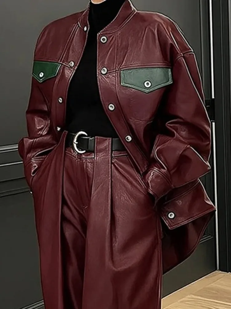 

Beautyblue Trends Женская кожаная куртка винно-красного цвета Винтажное пальто из искусственной кожи Модная осенняя свободная повседневная уличная верхняя одежда на пуговицах с передним карманом