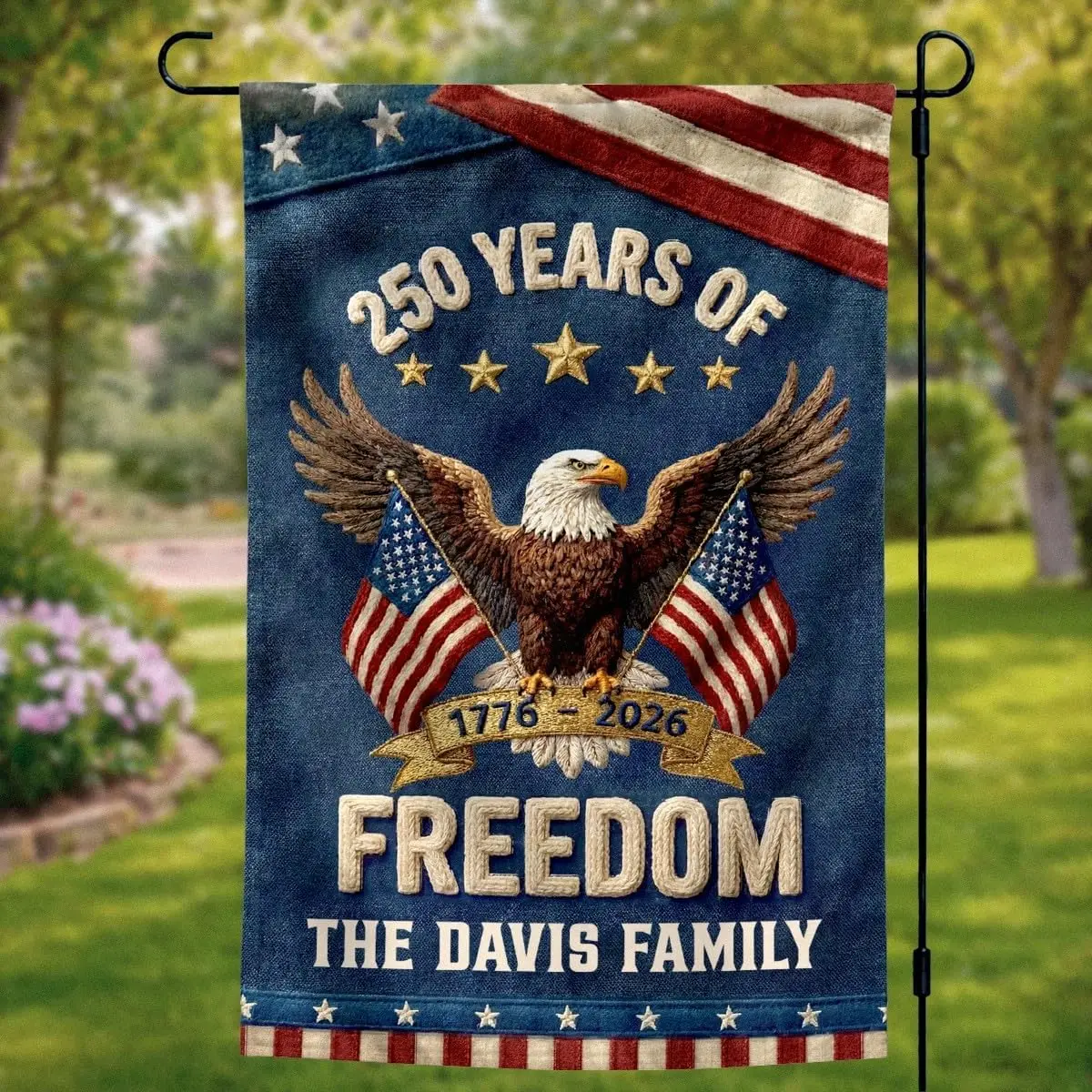 American 250 Garden Flag, Personalized America 250th Anniversary Birthday Gifts for Mom, Dad, Family, Usa 250th Birthday Ann GGO