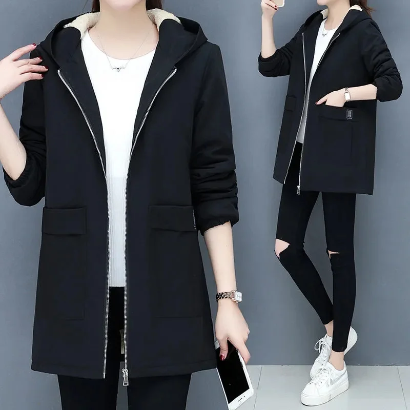 2024 New Winter Jacket Cotton Warm Puffer Coat Women Casual Parkas With Lining Plush hooded trench Outwear Women\'s Clothes