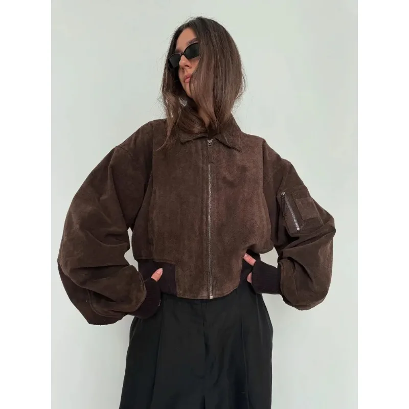 

Women Brown Short Suede Bomber Jacket Lapel Long Sleeve Zipper Pocket Cropped Coat Autumn Lady Fashion High Street Outwear