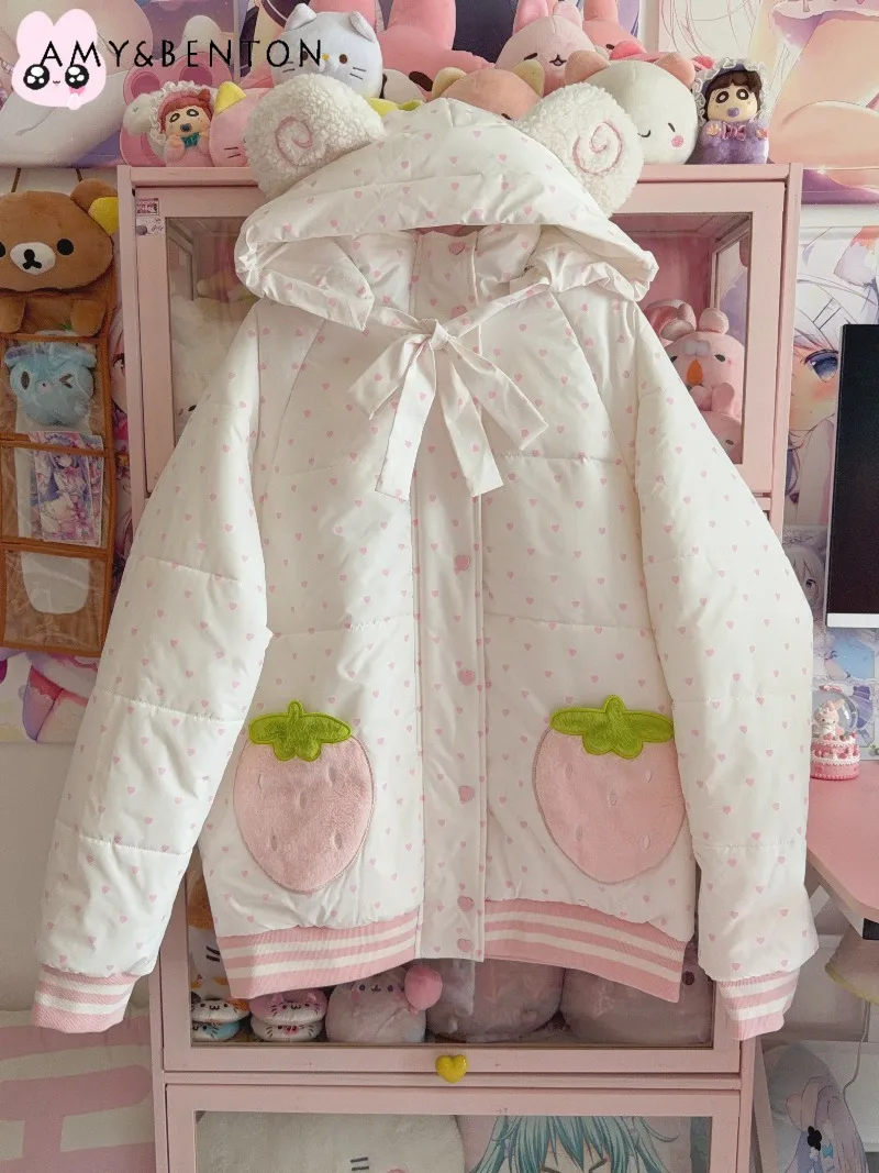 

Original Kawaii Print Japanese Style Cute Hooded Cotton Jacket Sweet Plush Ear Hooded Polka Dot Print Thicken Jackets for Women
