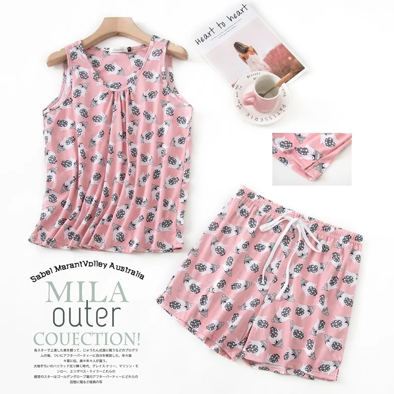 Fdfklak Cartoon Cute Pajamas Women's Summer Vest Shirt Shorts Set Cotton Casual Home Clothes New Pyjama Pour Femme Night Suit image 3
