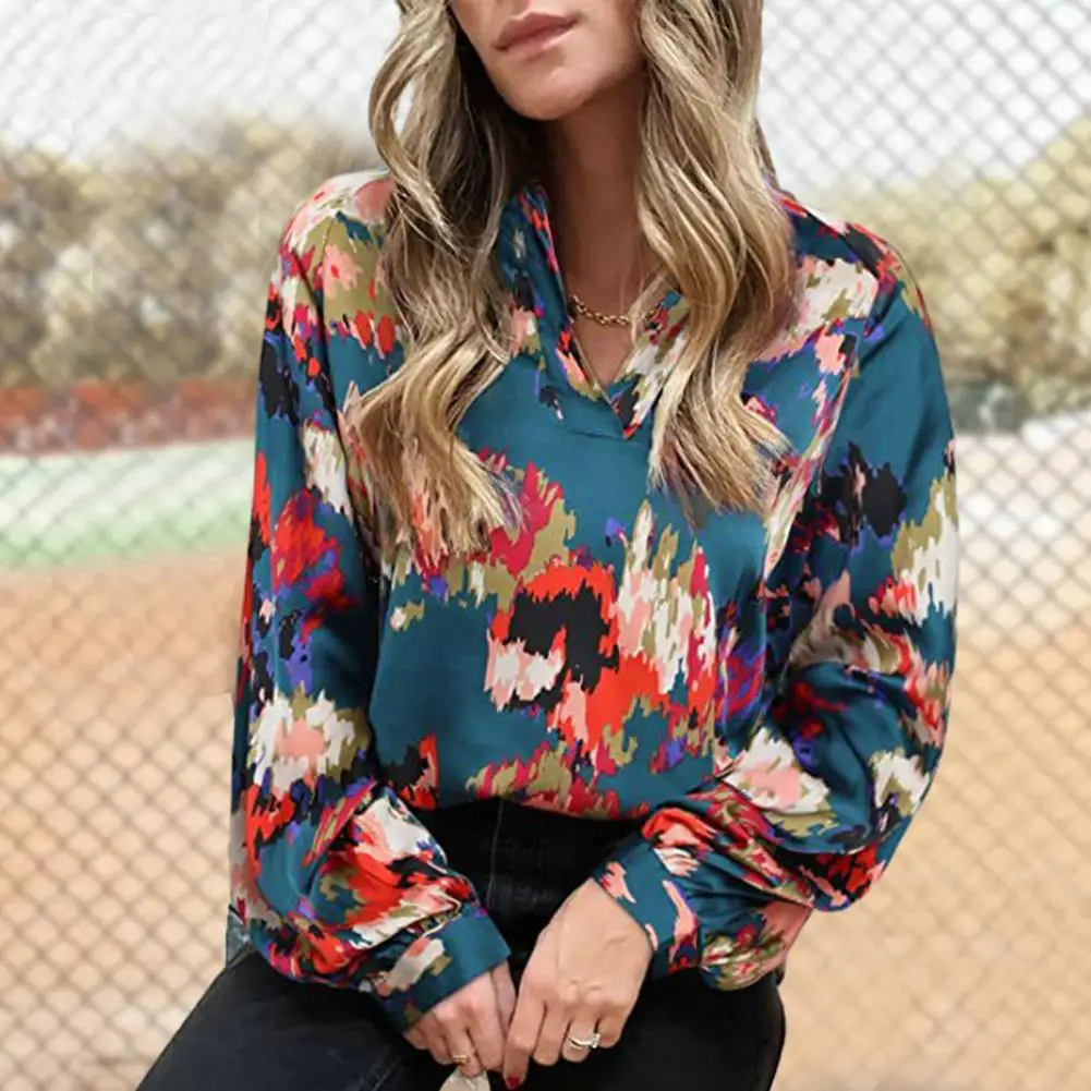 

Bohemian Print Shirt Women Casual Pullover Shirt V-neck Lantern Long Sleeve Loose Bohemia Abstract Print Boho Blouse Streetwear