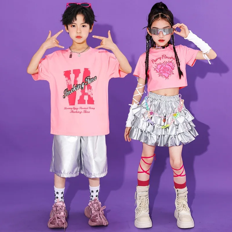 Girls K-pop Pink Crop Top Hot Pants Boys Hip Hop T-shirt Street Dance Cargo Shorts Kids Summer Clothes Set Children Jazz Costume