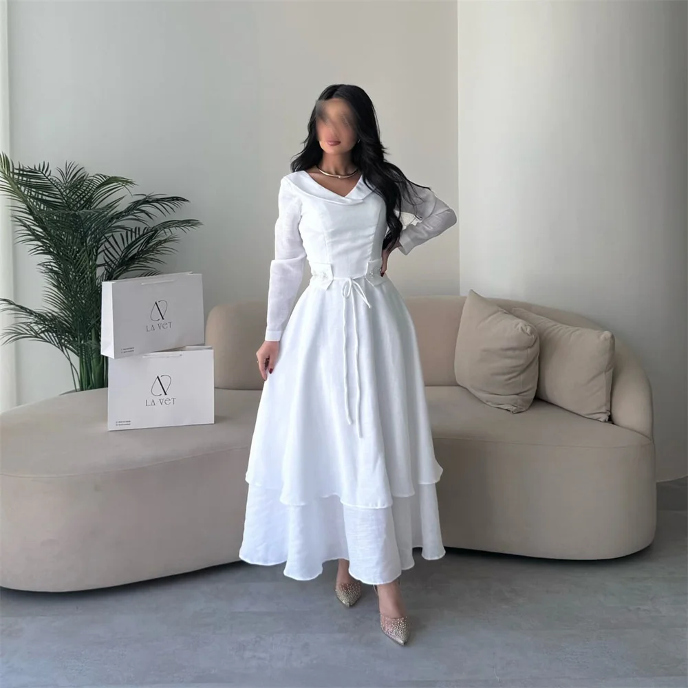 ROYET Eenvoudige V-hals Lange Mouw Witte Lange A-lijn Formele Avondjurk Enkellange Klassieke Prom Gown Aangepaste Nieuwe 2025