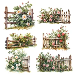 Stickers Watercolor flower garden wooden railing fence Stickers DIY Diary Project Decoration Vintage Scrapbooking Stationary