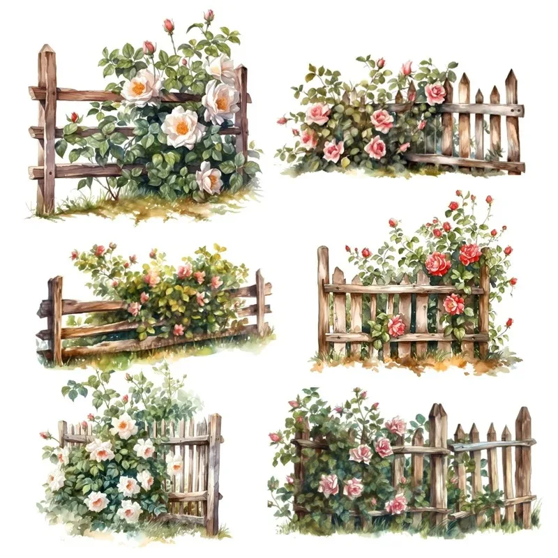 Naklejki Akwarela ogród kwiatowy drewniane balustrady ogrodzenie Naklejki DIY Pamiętnik Projekt Dekoracja Vintage Scrapbooking Stacjonarne