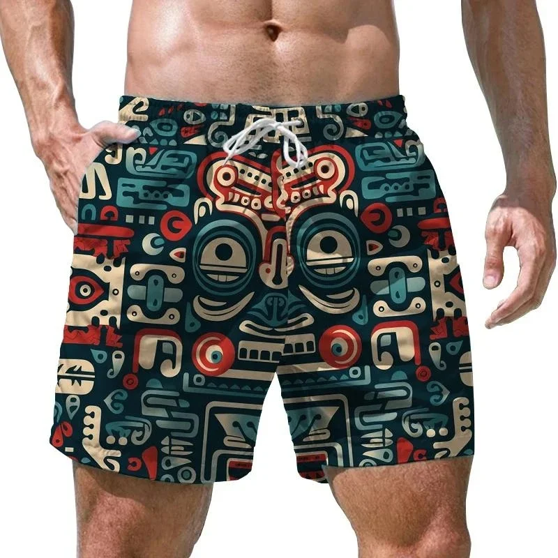 3D Print Retro Ethnic Short Pants For Men Colorful Geometry Pattern Swim Trunk Casual Swim Beach Shorts Sports Surf Board Shorts